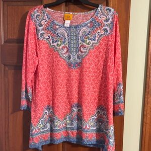 Ruby Rd. Coral and Blue Tunic Top